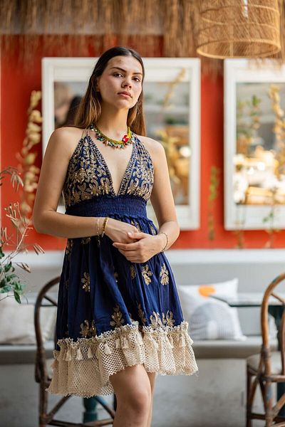 Miss Boheme Navy Blue Color Halter Neck Open Back Embroidered Short Dress