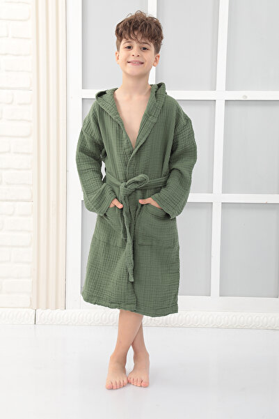 Almir Home 4 Kat Müslin Kapüşonlu Çocuk Bornoz Zümrüt Yeşil Renk