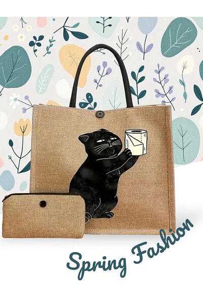 ORGANICYOU Baoding Vintage Cat Printed Tote Bag Set with Mini Coin Purse