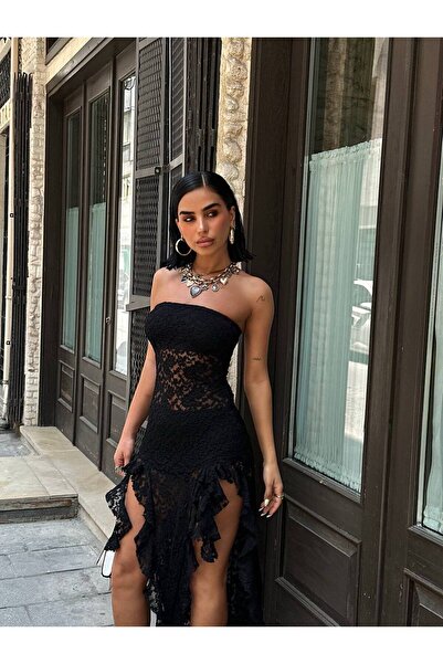 Friday Mood Γυναικείο βολάν με λεπτομέρεια δαντελωτό διαφανές στράπλες φόρεμα