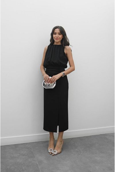 Havoş Black Dress with Gather Detail on Top