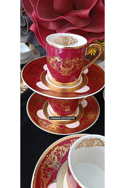 LOKMAN ZÜCCACİYE Bovaria Germany Hand Made 24K Brush Gold Handworked Coffee Cup Set 90 ml (Model 3)