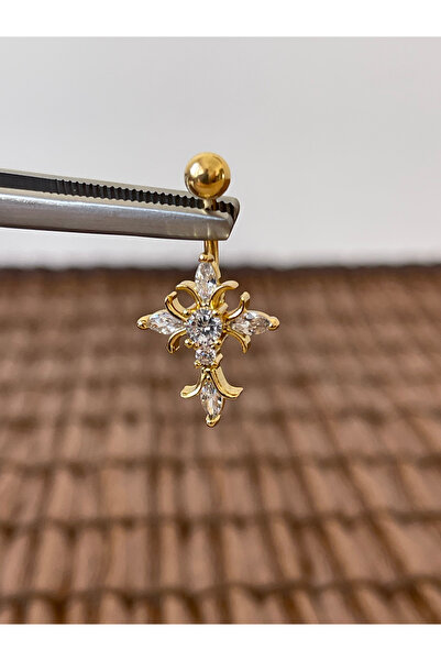 Rupen Kraft 316 L Cerrahi Çelik Anti Alerjik 10 mm Baget Taşlı Haç Model Göbe...