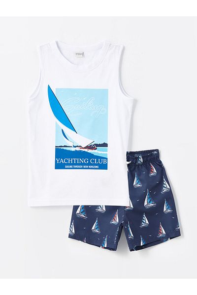LC Waikiki Navy Blue Crew Neck Printed Boys Swimming Suit
