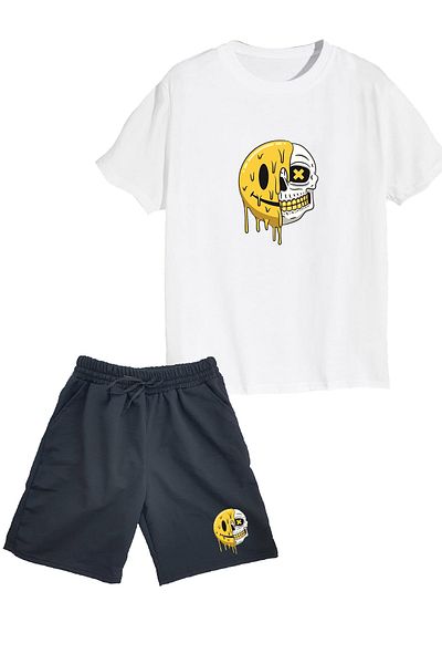 makiteks Set de 2 bumbac Culoare uni Bărbați Femei Unisex Pantaloni scurți și tricou Tricou Galben Smile Pain