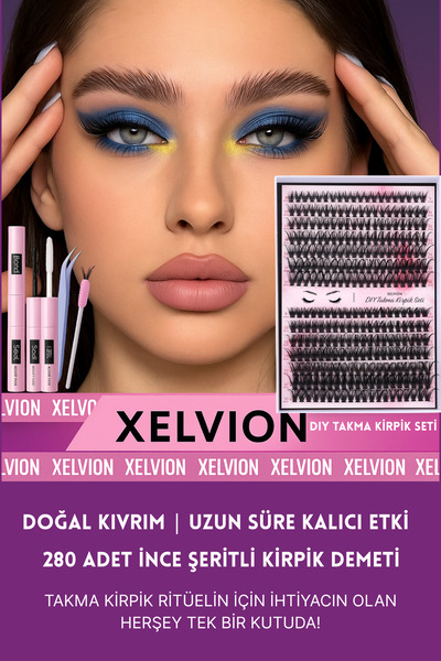 XELVION BEAUTY Takma Kirpik Seti Yapıştırıcı, Sabitleyici, Cımbız Ve Kirpik Fırçasıyla 240 Adet Kirpik Tutamı