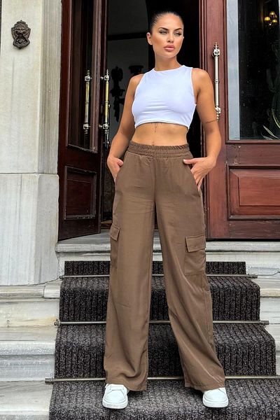 NEW LAVİVA Women's Cargo Pocket Brown Trousers with Elastic Waist - 700-3600