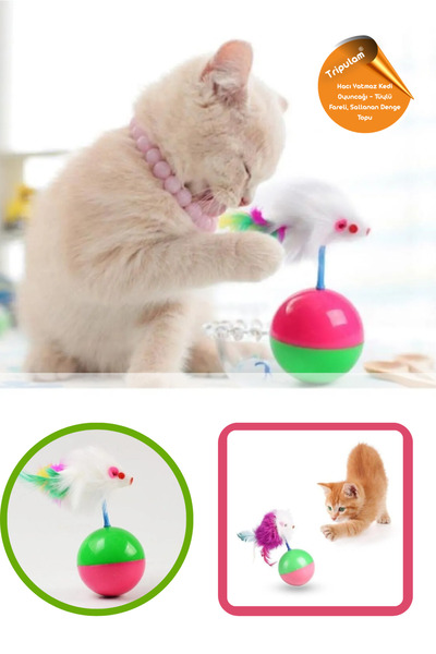 TRİPULAM Hacı Yatmaz Kedi Oyuncağı – Tüylü Fareli, Sallanan Denge Topu