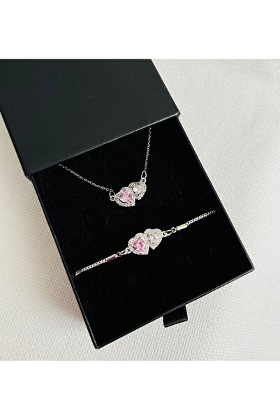 RM Bijuteri Zirkon Taşlı 2 Li Kalp Love Hediye Seti -Kolye Bileklik-