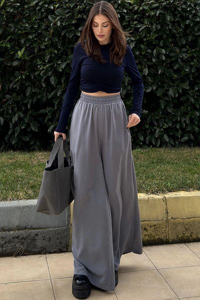 NEW LAVİVA Women's Gray Wide Leg Kupra Trousers - 700-3391