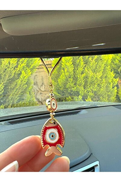 Azrua Ornament pentru oglindă auto cu mărgele ochiul roșu de pește roșu aurit...