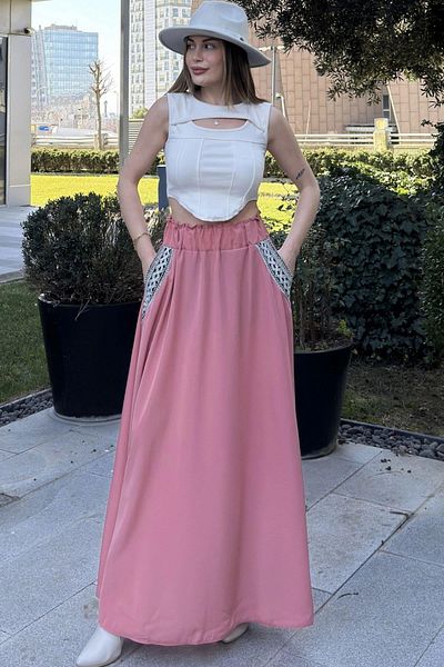 NEW LAVİVA Γυναικεία ροζ τσέπες με λεπτομέρειες Kiloş μακριά φούστα - 700-3389