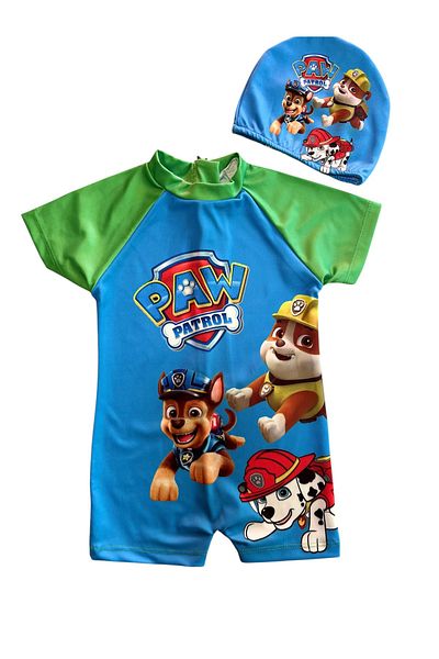 YUMİYUMM Boy's Character Themed Blue-Green Checkered Jumpsuit Swimsuit