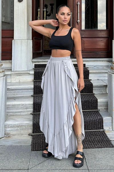 NEW LAVİVA Women's Gray Ruffled Slit Low-Cut Baggy Trousers - 700-3635