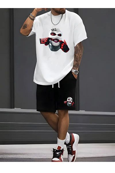makiteks Set de 2 bumbac, culoare uni, bărbați, femei, unisex, pantaloni scurți și tricou Smileteeth