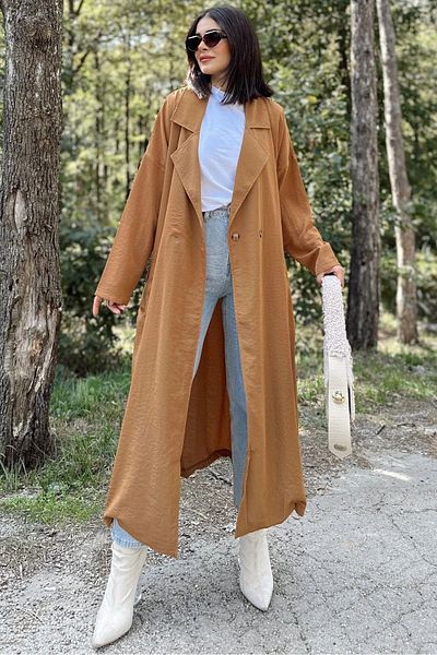 NEW LAVİVA Women's Tan Long Oversized Pocket Trench Coat - 700-3335