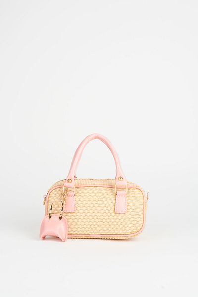 Vivaq Women's Straw Pink Charm Accessory Zipper Closure Handbag and Shoulder Bag