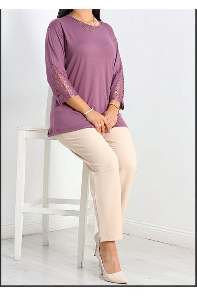 Tunicom Plus Size Ultra Combed Cotton Blouse with Ruched Sleeves