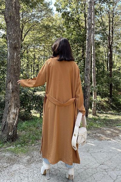 NEW LAVİVA Women's Tan Long Oversized Pocket Trench Coat - 700-3335