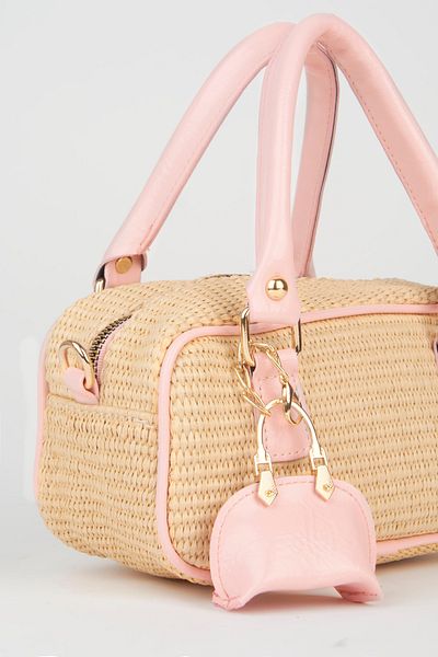 Vivaq Women's Straw Pink Charm Accessory Zipper Closure Handbag and Shoulder Bag