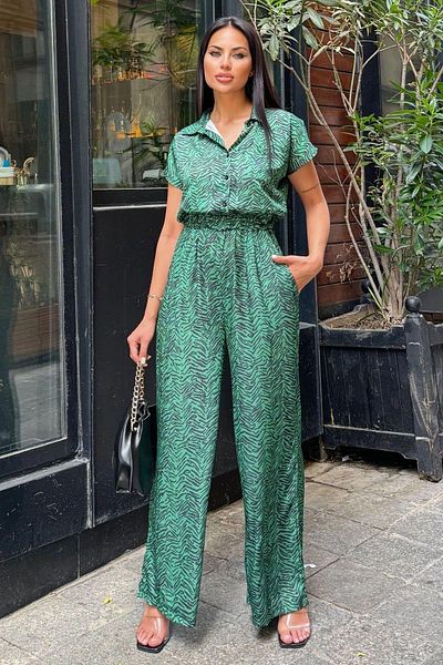 NEW LAVİVA Women's Emerald Satin Printed Elastic Jumpsuit - 700-3235