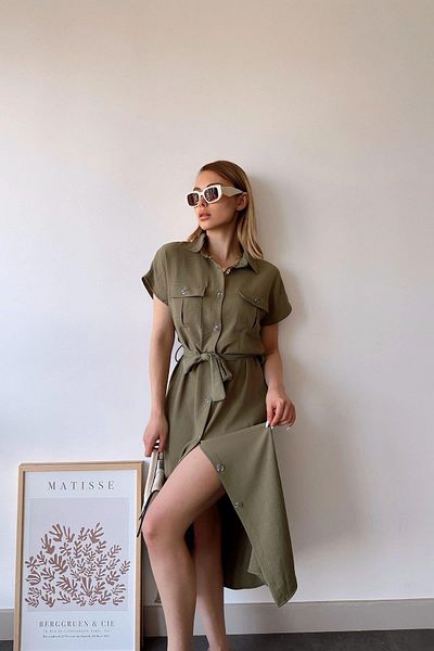 NEW LAVİVA Γυναικείο φόρεμα πουκάμισο Safari με ζώνη χακί τσέπης - 700-k4045