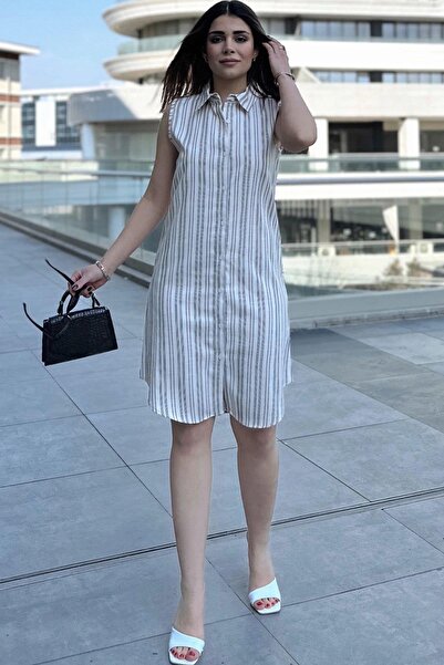 NEW LAVİVA Γυναικείο Μπεζ ριγέ φόρεμα - 700-3583