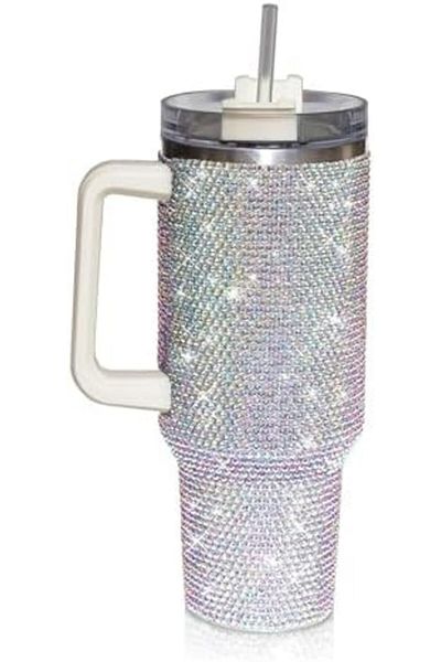 Generic 40oz Rhinestone Tumbler with Handle, Insulated Stainless Steel Travel Coffee Mug with Straw & Lid, L