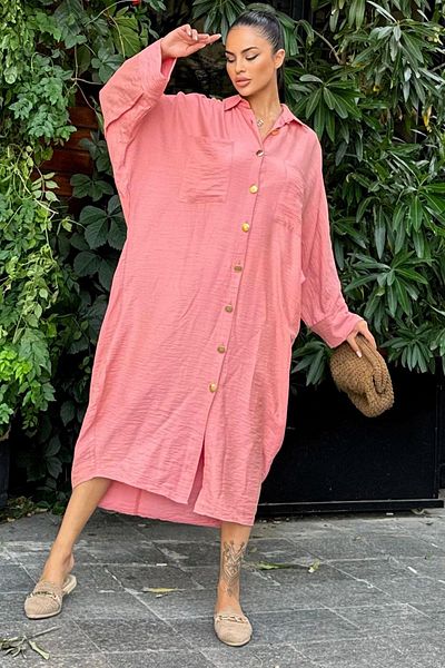 NEW LAVİVA Γυναικείο Dusty Rose Oversize Μακρύ Φόρεμα από λινό πουκάμισο - 700-3282