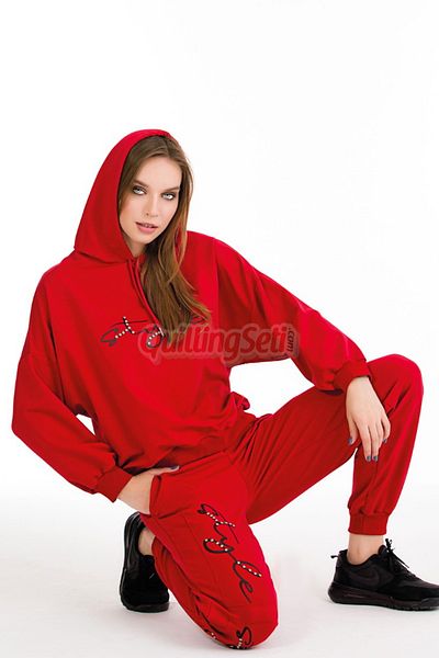 quilling Long Sleeve 22081 Women's Sports Tracksuit Set with Hood and Kangaroo Pocket Red Color