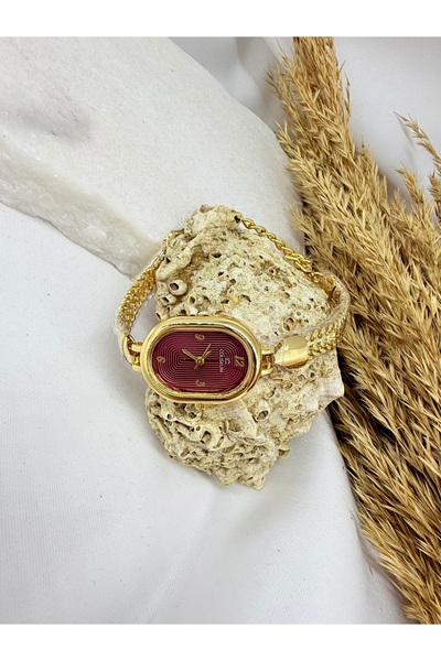 TD TRENDDURAGI Oval Vintage Gold İçi Bordo Kadın Kol Saati