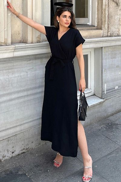 NEW LAVİVA Rochie de damă din muselină neagră cu guler dublu și talie elastică - 700-3612