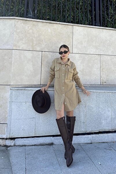 NEW LAVİVA Γυναικείο φόρεμα πουκάμισο με διπλή τσέπη Camel Kaşe - 700-3270