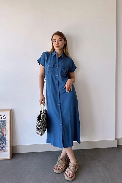 NEW LAVİVA Rochie cămașă safari cu curea de buzunar Indigo pentru femei - 700-k4045