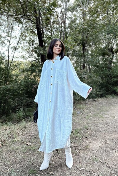 NEW LAVİVA Women's Ecru Oversized Long Loose Linen Shirt Dress - 700-3282