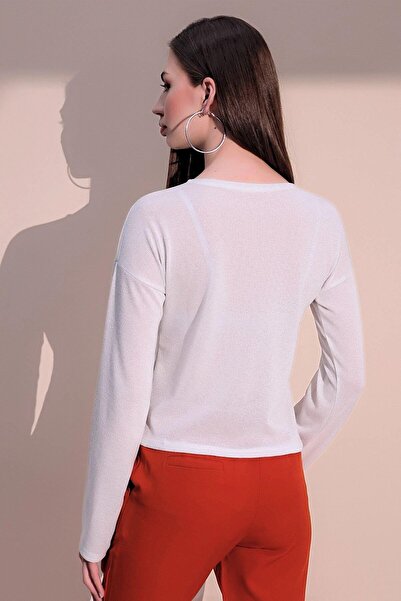 NEW LAVİVA Women's White Sparkling Half Placket Buttoned Relaxed Fit Blouse - 700-3165