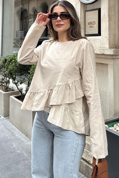 NEW LAVİVA Γυναικεία Μπεζ βολάν Ασύμμετρη Βαμβακερή Λινή Μπλούζα - 700-3571