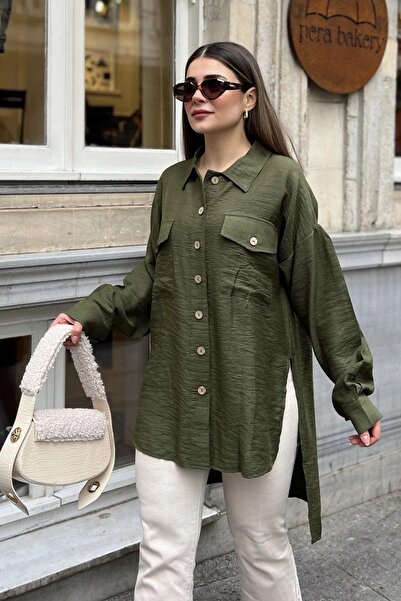 NEW LAVİVA Women's Khaki Double Pocket Cover Slit Linen Casual Shirt - 700-3524
