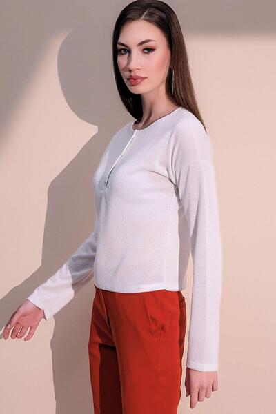 NEW LAVİVA Women's White Sparkling Half Placket Buttoned Relaxed Fit Blouse - 700-3165