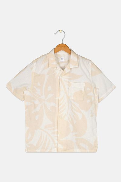 GAP Kids Boy Spread Collar Allover Print Short Sleeves Casual Shirt, Cream
