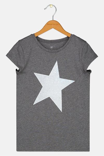 GAP Kids Girl Round Neck Cap Sleeve Graphic Print Top, Grey