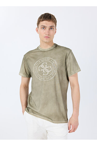 Guess Spray Crack Bisiklet Yaka Desenli Yeşil Erkek T-Shirt