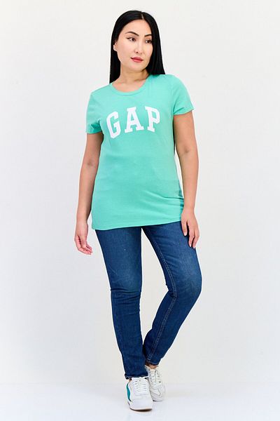 GAP تي شيرت نسائي برقبة دائرية وأكمام قصيرة وشعار العلامة التجارية، أخضر نعناعي