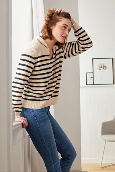 Tchibo Women Spread Collar Stripe Sweater, Beige