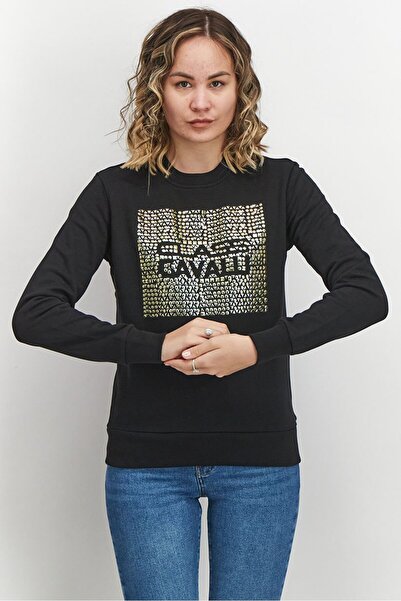 Cavalli Class سويت شيرت نسائي بأكمام طويلة وياقة دائرية، أسود