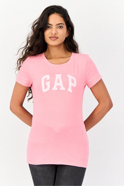 GAP تي شيرت نسائي بأكمام قصيرة ورقبة دائرية وشعار العلامة التجارية، وردي