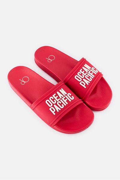 Ocean Pacific Men Brand Logo Slip On Slides, Red