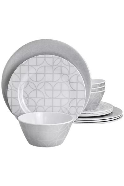Generic GIBSON 12-Piece Summer Bloom Geo Pattern Dinnerware Set Grey and White 135728.12