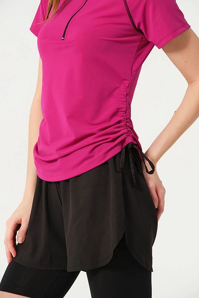 TESMAY Short Sleeve Half Zip Quick Dry Fabric Shorts Women's Semi-Covered Swimsuit with Leggings