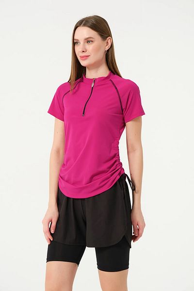 TESMAY Short Sleeve Half Zip Quick Dry Fabric Shorts Women's Semi-Covered Swimsuit with Leggings